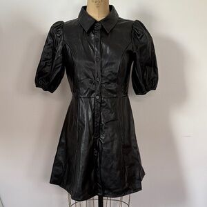 TCEC Black Puff Sleeve Vegan Leather Babydoll Dress M